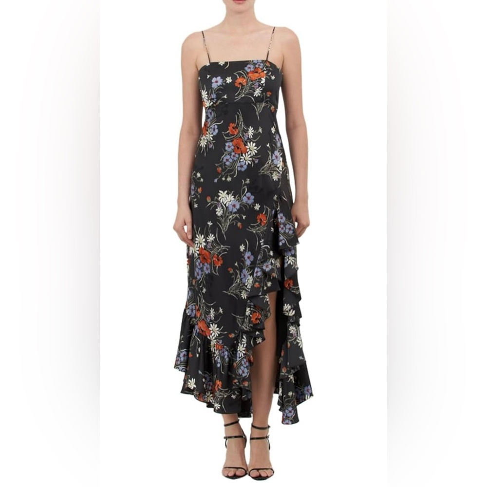 Cinq a Sept - “PENNY” SATIN FLORAL RUFFLED MIDI-DRESS IN OBSIDIAN